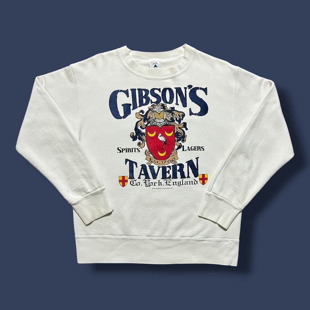Vintage 90s England Tavern Sweatshirt Crewneck Gibsons Pub White Boxy Fit Medium